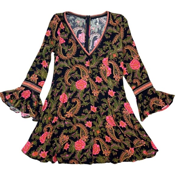 Spell Women's XXS Etienne Playdress Noir V-Neck Floral Paisley Bohemian - Picture 2 of 12